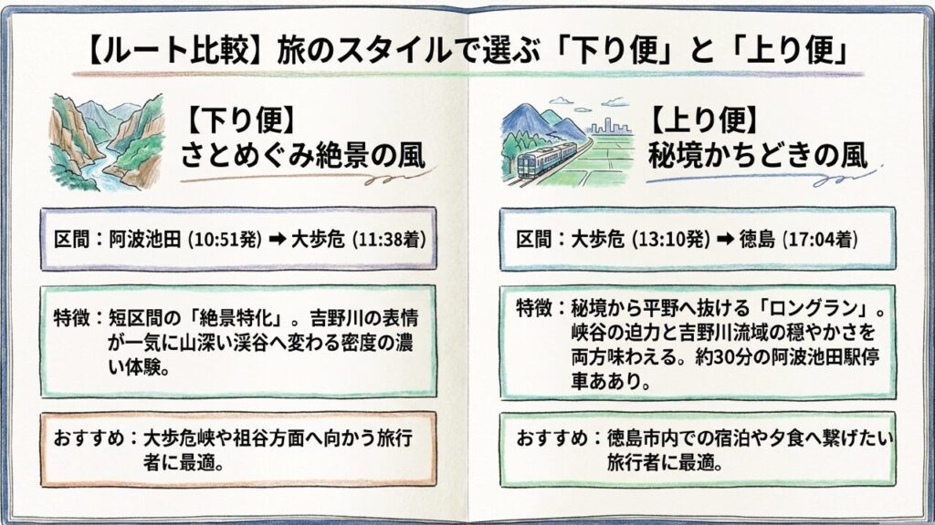藍よしのがわ大歩危トロッコの下り便さとめぐみ絶景の風と上り便秘境かちどきの風をルート別に比較したスライド