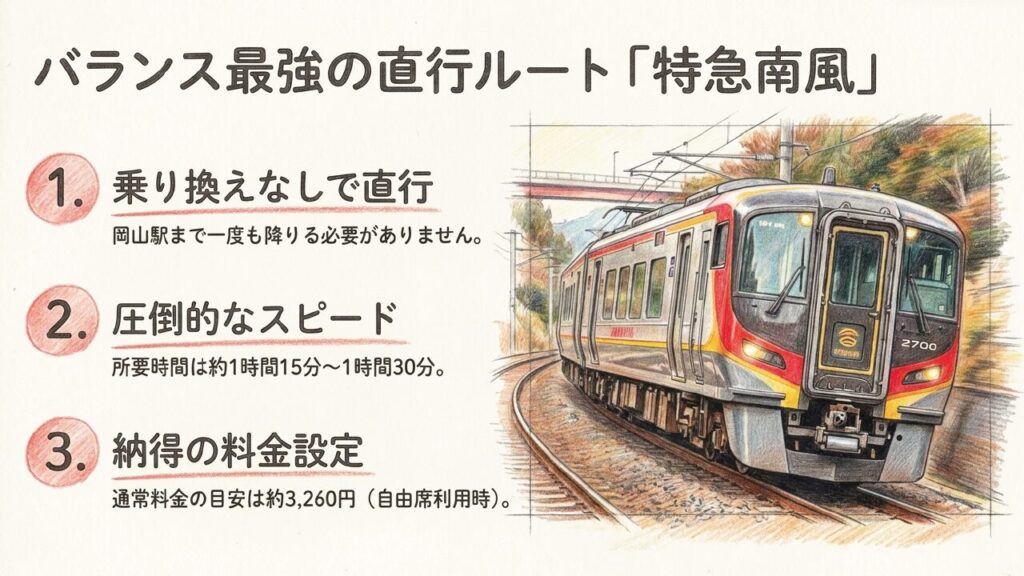 特急南風のメリット。乗り換えなしで直行、約1時間15分の圧倒的なスピード、約3,260円の納得の料金設定