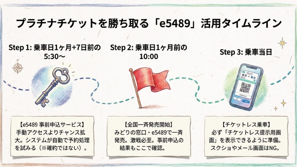 藍よしのがわ大歩危トロッコの予約でe5489事前申込、発売開始、チケットレス提示画面の流れを示したタイムラインスライド
