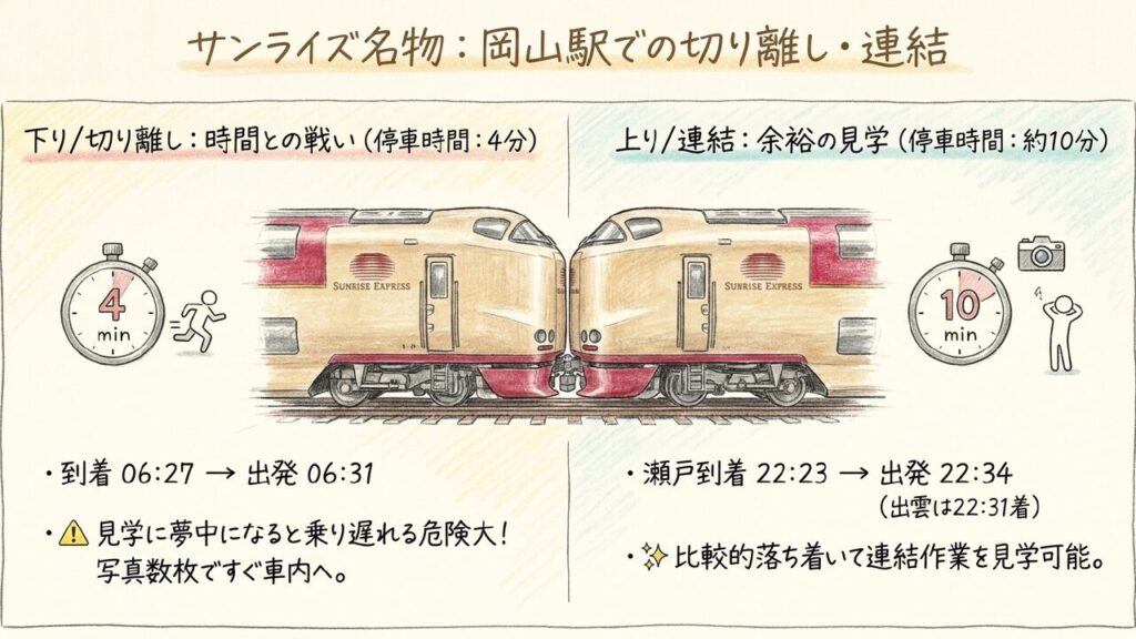 岡山駅でのサンライズ瀬戸とサンライズ出雲の切り離しと連結の時刻、見学時の注意点をまとめたスライド
