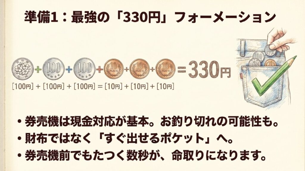 シャワーカード購入用の330円（100円玉3枚と10円玉3枚）