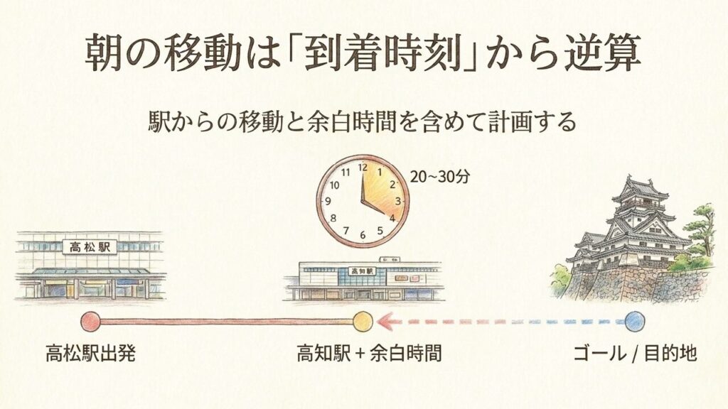 高知駅からの移動時間や余白時間を計算するための時計と高知城のイラスト