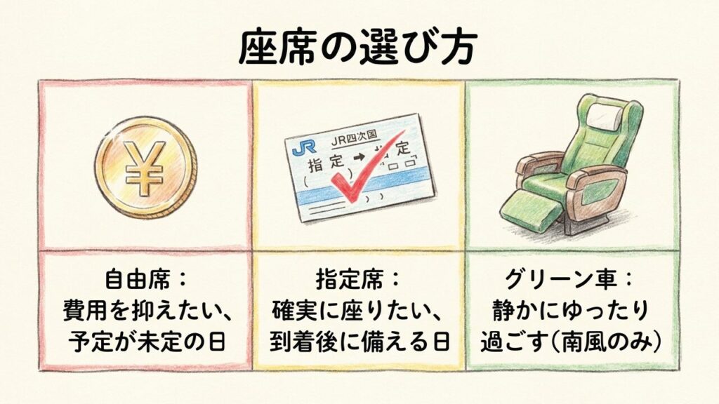費用を抑える自由席、座れる指定席、ゆったり過ごせるグリーン車の比較表