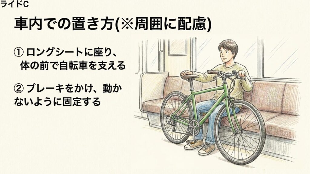 車内で自転車を壁や手すり側に寄せてバンドで固定しブレーキをロックする方法を示した図