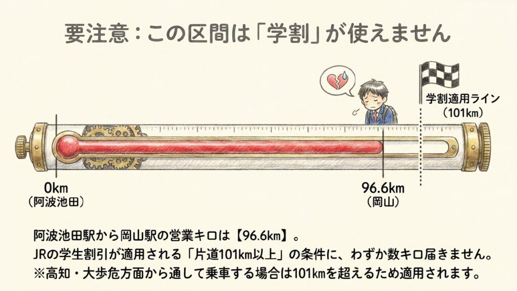 阿波池田駅から岡山駅の営業キロは96.6km。学割適用ラインの101kmに届かず学割が使えない図解