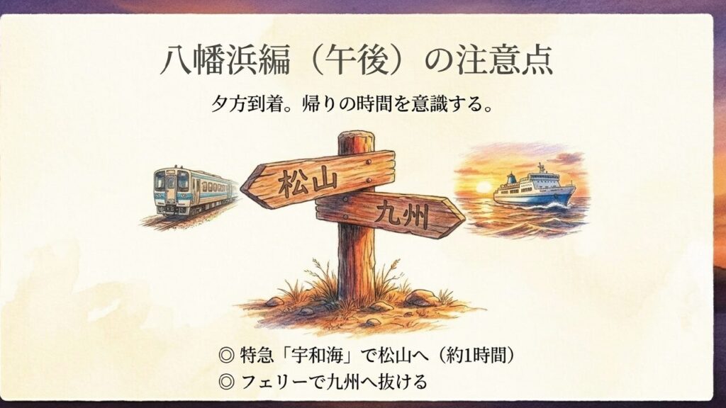 八幡浜編(午後)の注意点 伊予灘ものがたり八幡浜編(午後)到着後の注意点と帰り方
