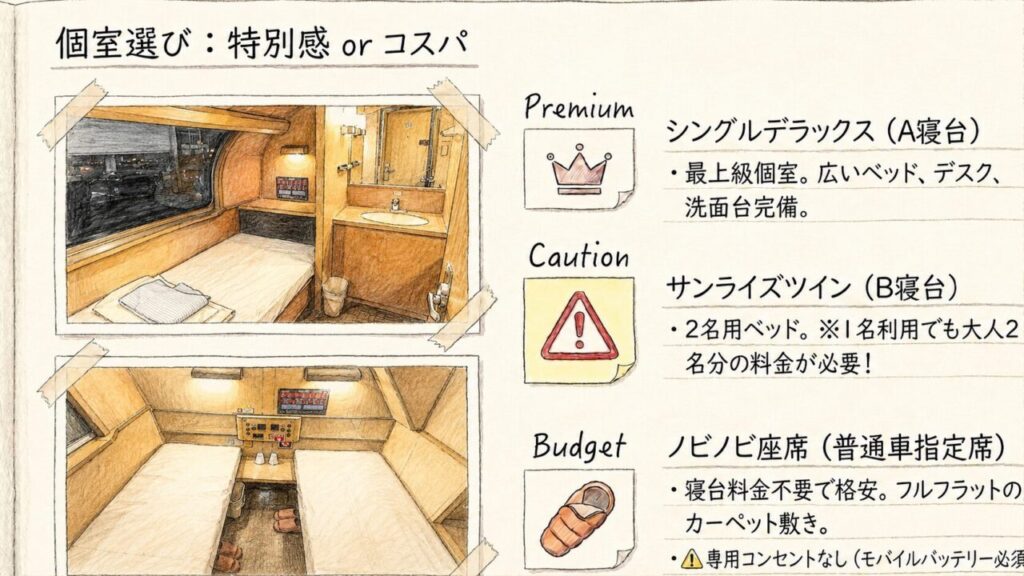 サンライズ瀬戸のシングルデラックス、サンライズツイン、ノビノビ座席を特別感やコスパで比較したスライド