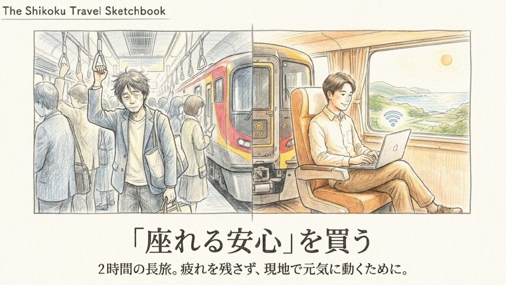 混雑した車内で立つ乗客と、指定席で快適にパソコン作業をする乗客の対比イラスト