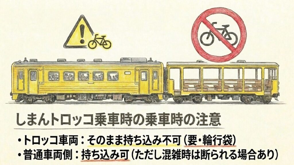 しまんトロッコ車両には自転車をそのまま持ち込めず輪行袋が必要なことを示した図
