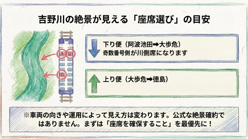 藍よしのがわ大歩危トロッコで吉野川の絶景が見えやすい座席選びの目安を下り便と上り便で整理したスライド