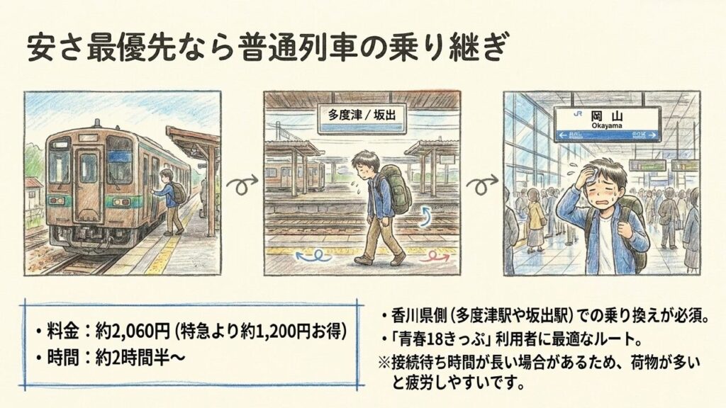 安さ最優先の普通列車の乗り継ぎ。多度津駅や坂出駅での乗り換えが必須で、荷物が多いと疲労しやすい