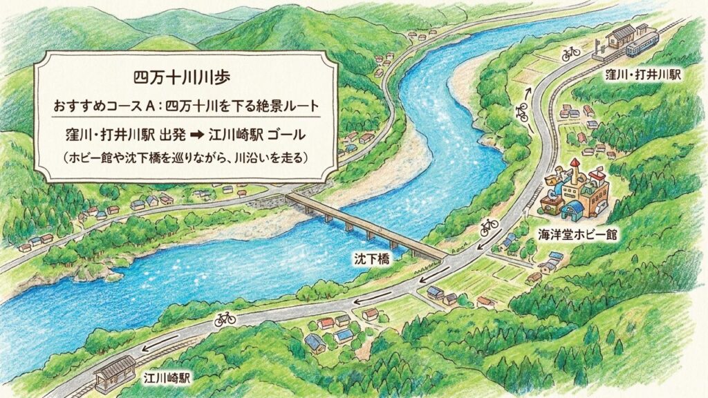 窪川・打井川駅周辺から江川崎駅方面へ四万十川沿いを走るサイクリングコースのイメージ図