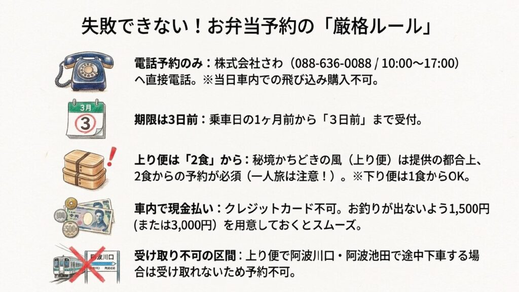 徳島うまいんじょ弁当の予約は電話予約のみ、3日前まで、上り便は2食から、車内現金払いなどのルールをまとめたスライド