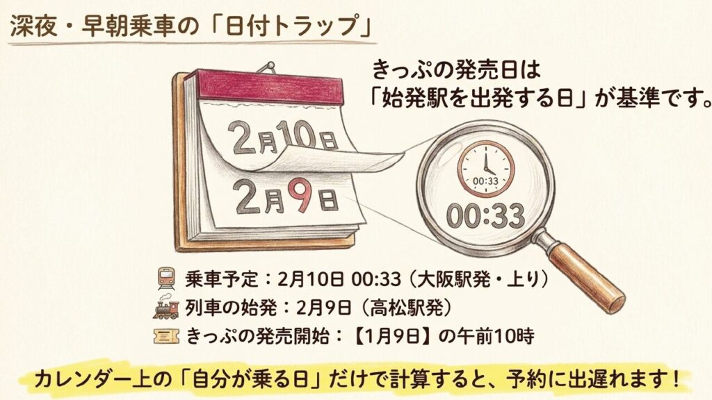 大阪駅を深夜0時33分に出発する上りサンライズ瀬戸の予約発売日は始発駅を出発する前日基準で計算することを示すスライド