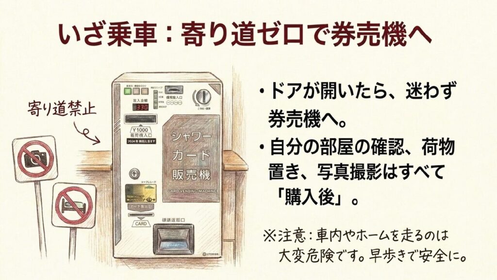 乗車後寄り道せずにシャワーカード券売機へ向かう様子