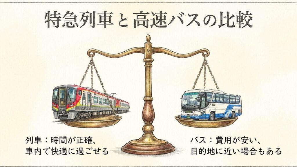 時間が正確な列車と費用が安い高速バスの比較