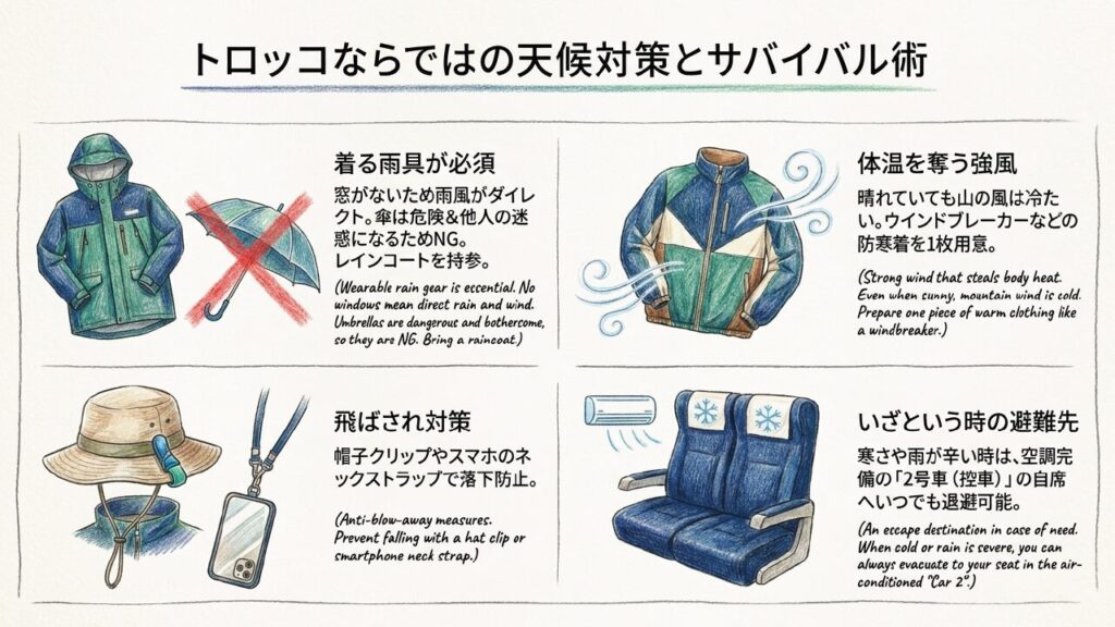 藍よしのがわ大歩危トロッコで必要な雨具、防寒着、帽子クリップ、スマホストラップ、2号車への退避を説明する天候対策スライド