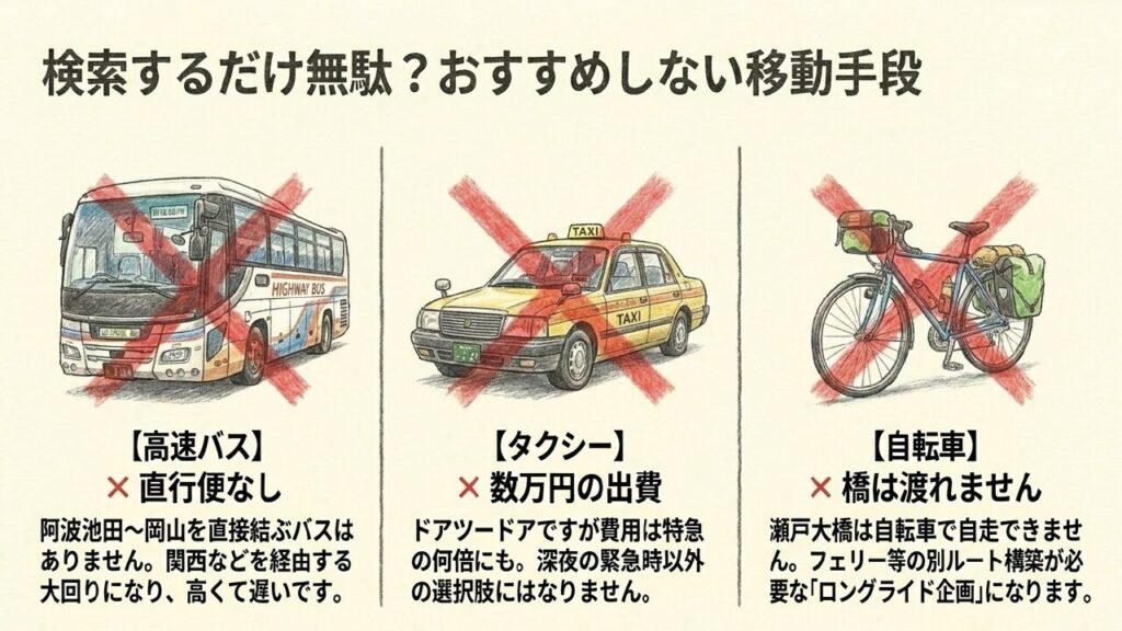 高速バスは直行便なし、タクシーは数万円の高額出費、自転車は瀬戸大橋を通行不可という非推奨手段の注意喚起