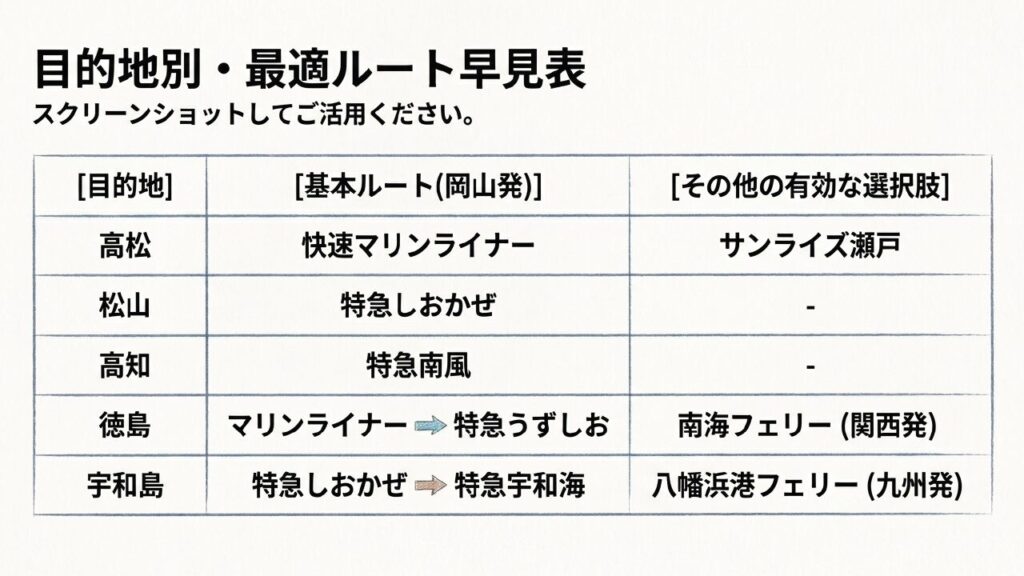 四国・本州アクセス完全ガイド|鉄道・フェリー・瀬戸大橋を解説 10 目的地別におすすめのアクセス方法を選ぶ