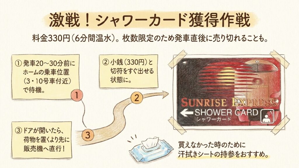 サンライズ瀬戸のシャワーカードを購入するために発車20分から30分前に乗車位置で待機し販売機へ向かう流れを示すスライド