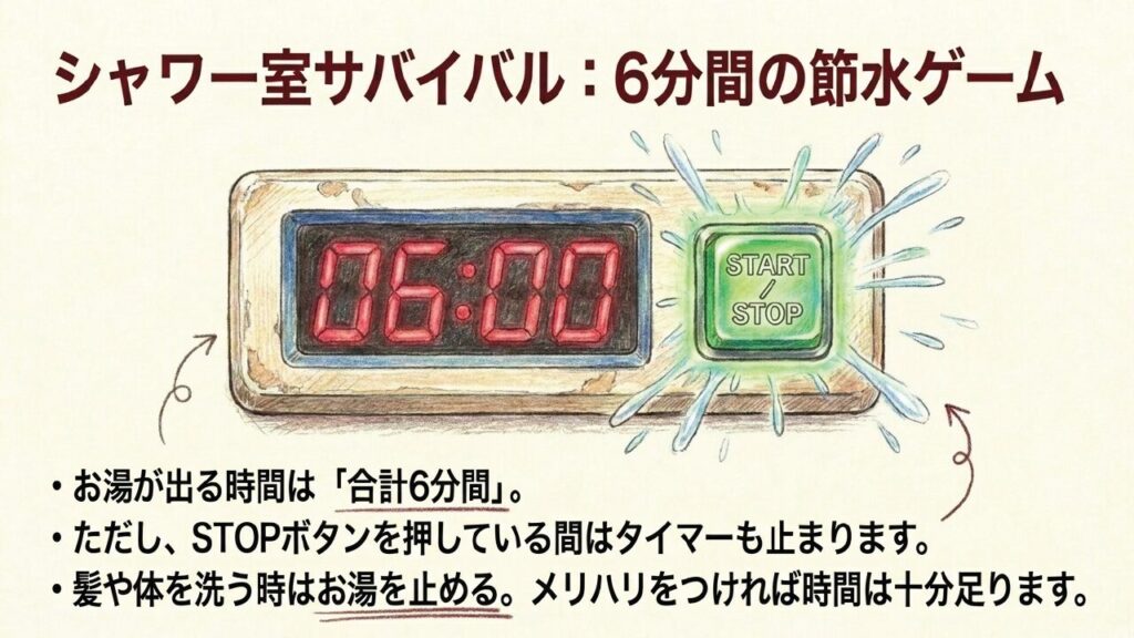 サンライズ瀬戸シャワー室の6分間タイマー