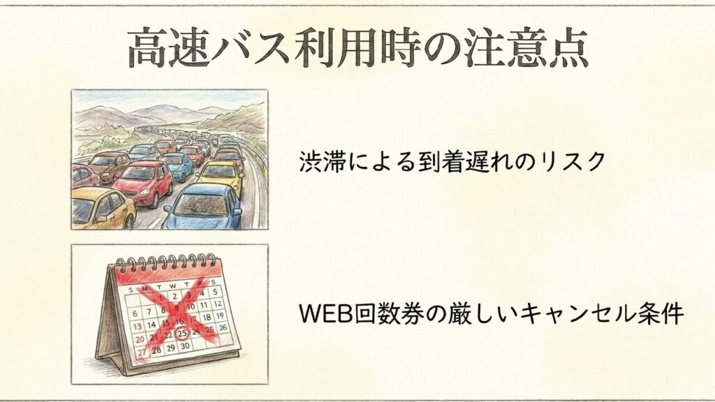 高速道路の渋滞イラストとキャンセル条件を示すカレンダー