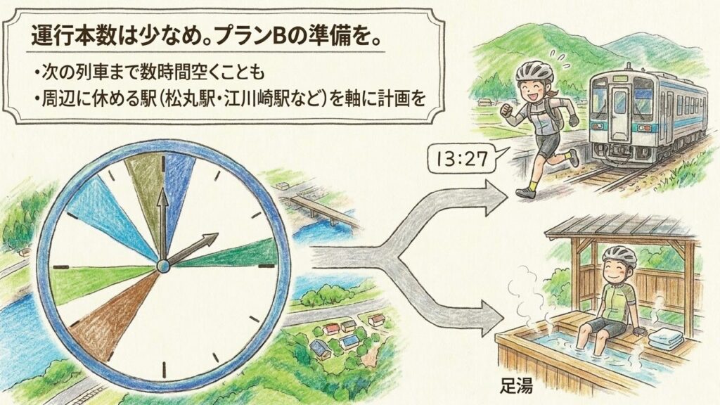 予土線は運行本数が少ないため列車待ちや休憩できる駅を考えて計画する必要があることを示した図