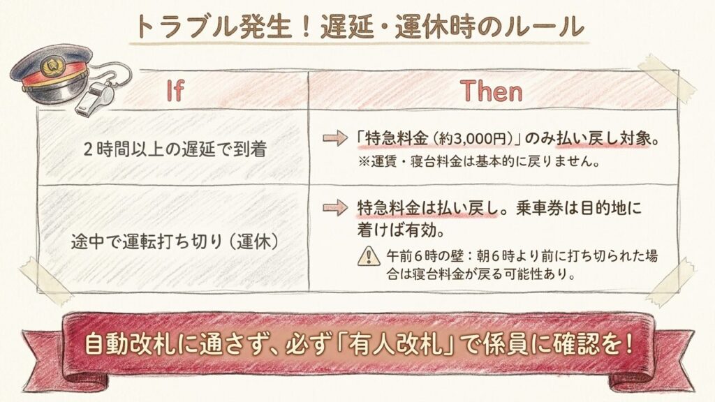 サンライズ瀬戸が2時間以上遅延した場合や途中で運休した場合の特急料金、乗車券、寝台料金の払い戻しルールをまとめたスライド