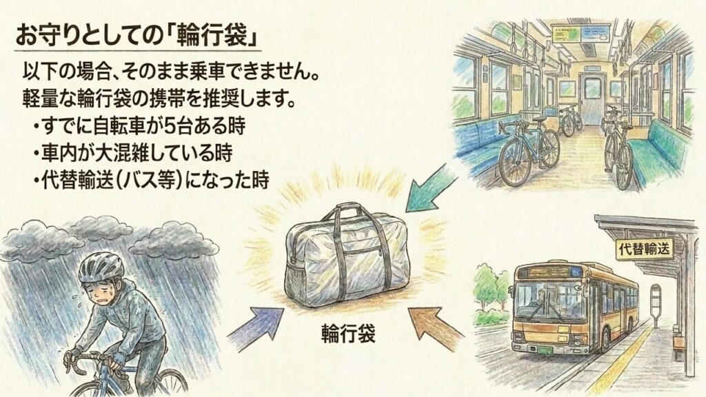 自転車が5台ある時や車内混雑時、代替輸送時など輪行袋が必要になる場面を示した図