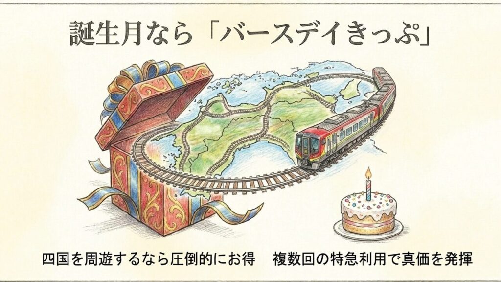 プレゼントボックスから飛び出す四国の路線図と特急列車、誕生日ケーキのイラスト