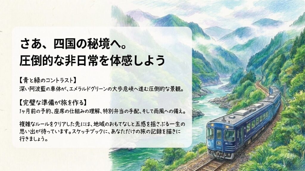 藍よしのがわ大歩危トロッコで四国の秘境と大歩危峡の非日常を体感しようと呼びかけるまとめスライド