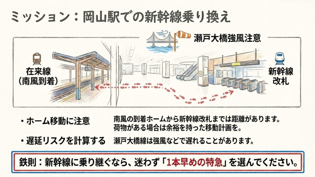 岡山駅での在来線ホームから新幹線改札への移動と、瀬戸大橋線強風による遅延リスクへの注意喚起