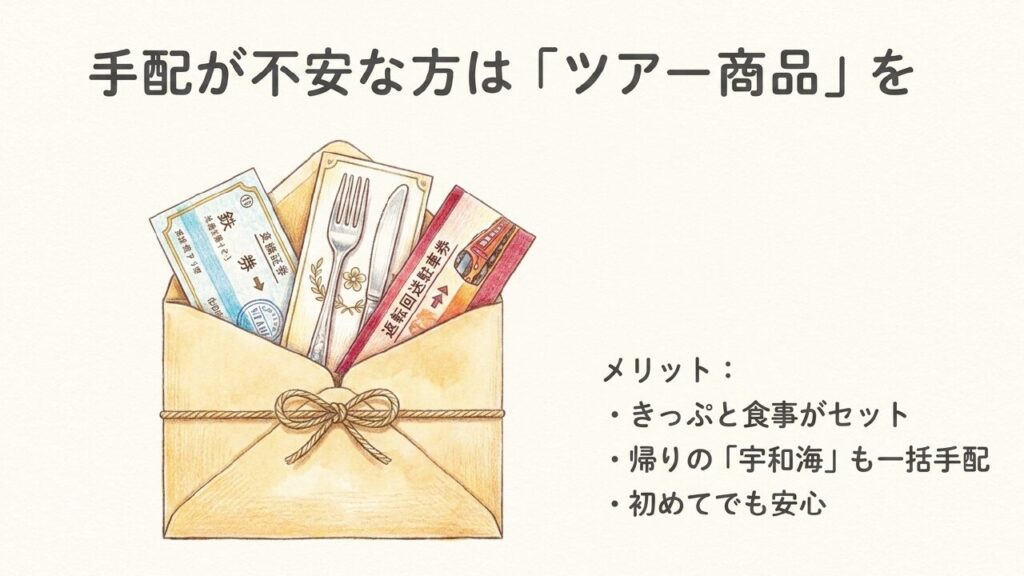 手配が不安な方は「ツアー商品」を 手配が不安な方にメリットの多い伊予灘ものがたりのツアー商品