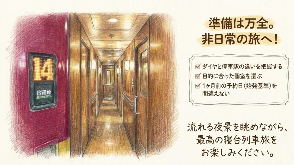 サンライズ瀬戸に乗る前にダイヤと停車駅、個室選び、予約日を確認して非日常の寝台列車旅へ出発するまとめスライド