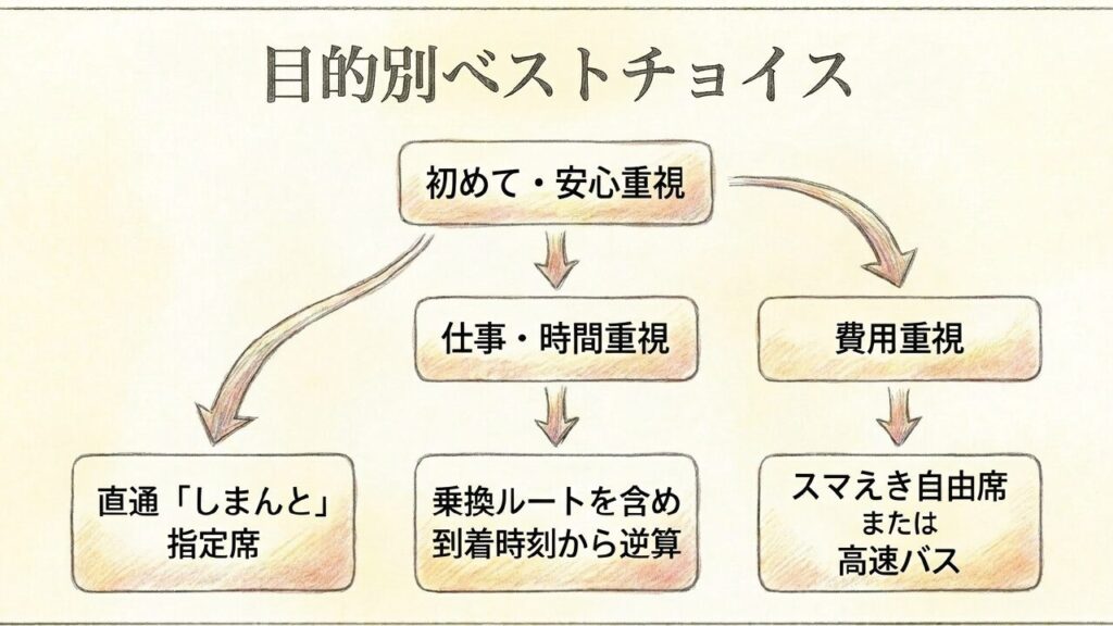 安心重視、時間重視、費用重視など目的別にまとめた最適な移動手段の表