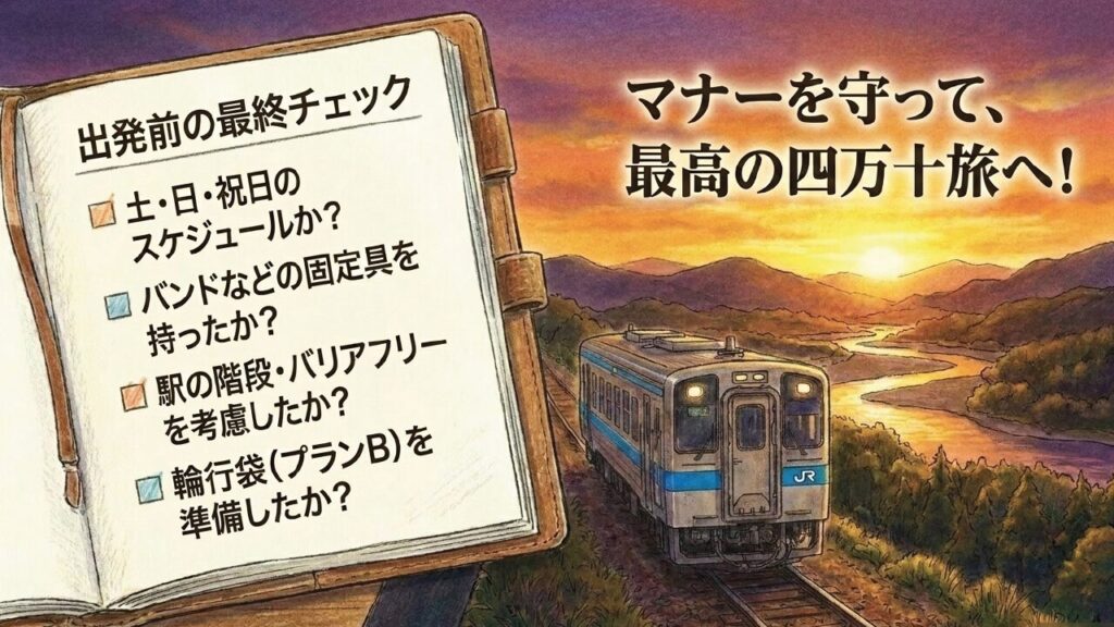 土日祝の運行日、固定具、駅の階段、輪行袋の準備を確認するチェックリスト画像