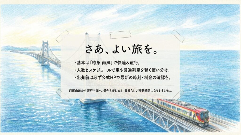 基本は特急南風で快適に直行。出発前は必ず公式HPで最新情報を確認し、素晴らしい移動時間を
