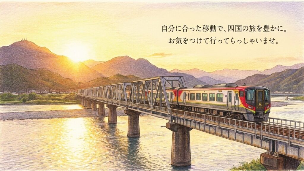 夕日に染まる美しい鉄橋を渡る四国の特急列車