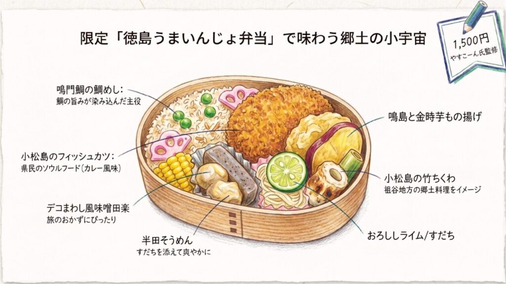 藍よしのがわトロッコ限定の徳島うまいんじょ弁当の内容として鳴門鯛の鯛めし、フィッシュカツ、竹ちくわ、半田そうめんなどを紹介するスライド