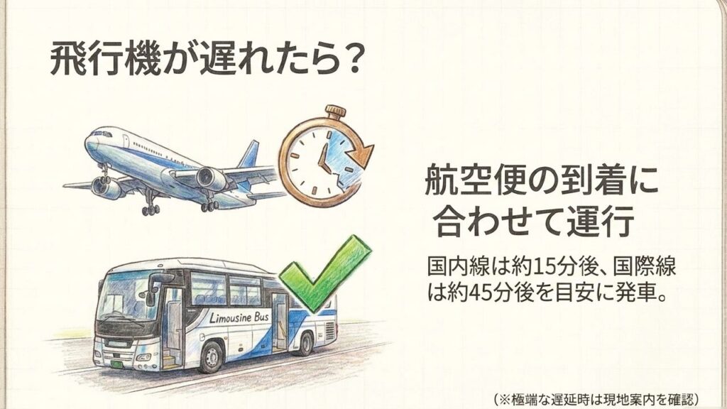 飛行機遅延時の高松空港リムジンバス運行 高松空港リムジンバスは航空便の到着に合わせて運行されることを示すスライド