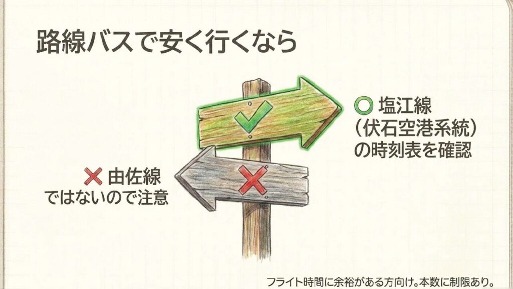 高松空港へ路線バスで行くなら塩江線を確認 高松空港へ安く行く路線バスは由佐線ではなく塩江線伏石空港系統を確認する説明スライド