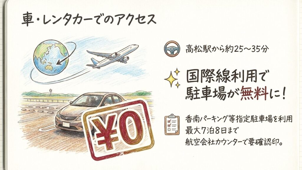 高松空港へ車で行く場合の駐車場無料キャンペーン 高松空港へ車やレンタカーでアクセスする場合の所要時間と国際線駐車場無料キャンペーンを説明するスライド