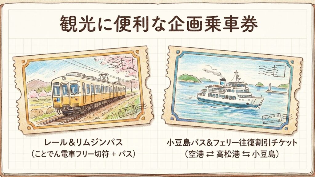 高松空港からの観光に便利な企画乗車券 レールアンドリムジンパスと小豆島バスアンドフェリー往復割引チケットを紹介するスライド