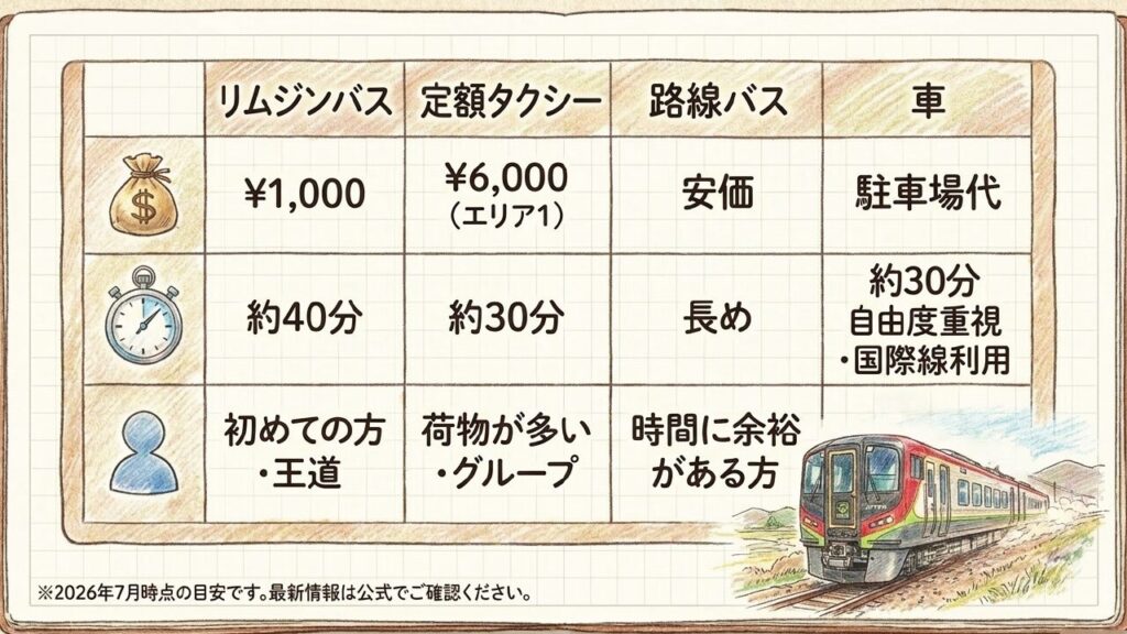 高松駅から高松空港へのアクセス比較まとめ 高松駅から高松空港へのリムジンバス、定額タクシー、路線バス、車の比較表スライド