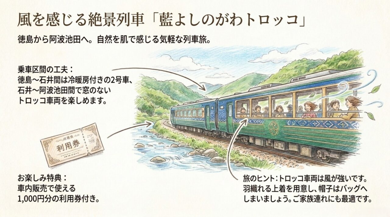 藍よしのがわトロッコ|車両・景色・服装ガイド 藍よしのがわトロッコの冷暖房車・開放型車両・車内利用券と服装の注意点
