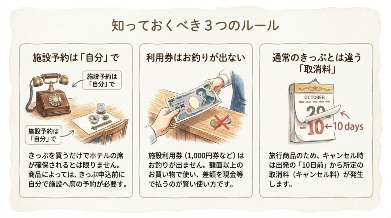 あじな散歩道で知っておきたい3つの利用ルール あじな散歩道の施設自己予約・お釣りが出ない利用券・旅行商品取消料の3つのルール