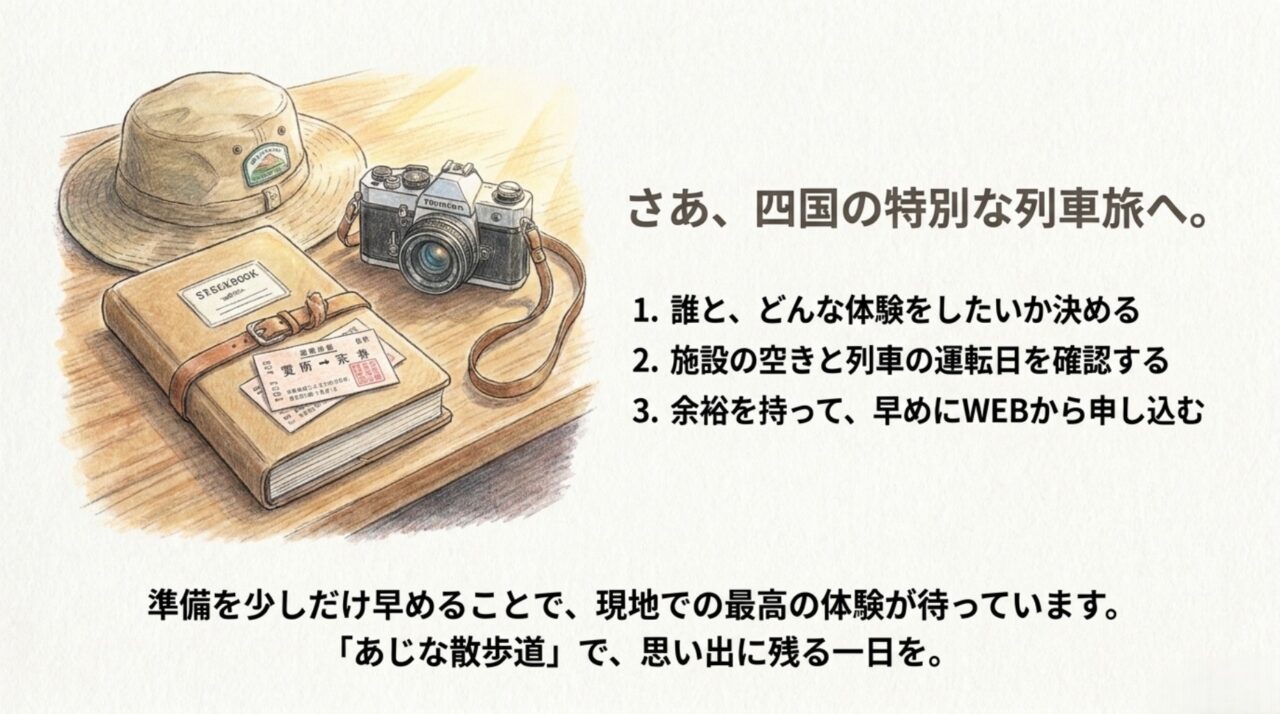 あじな散歩道の旅行計画|出発前チェックリスト あじな散歩道で四国の列車旅を計画する体験選び・運転日確認・早めのWEB申込チェックリスト