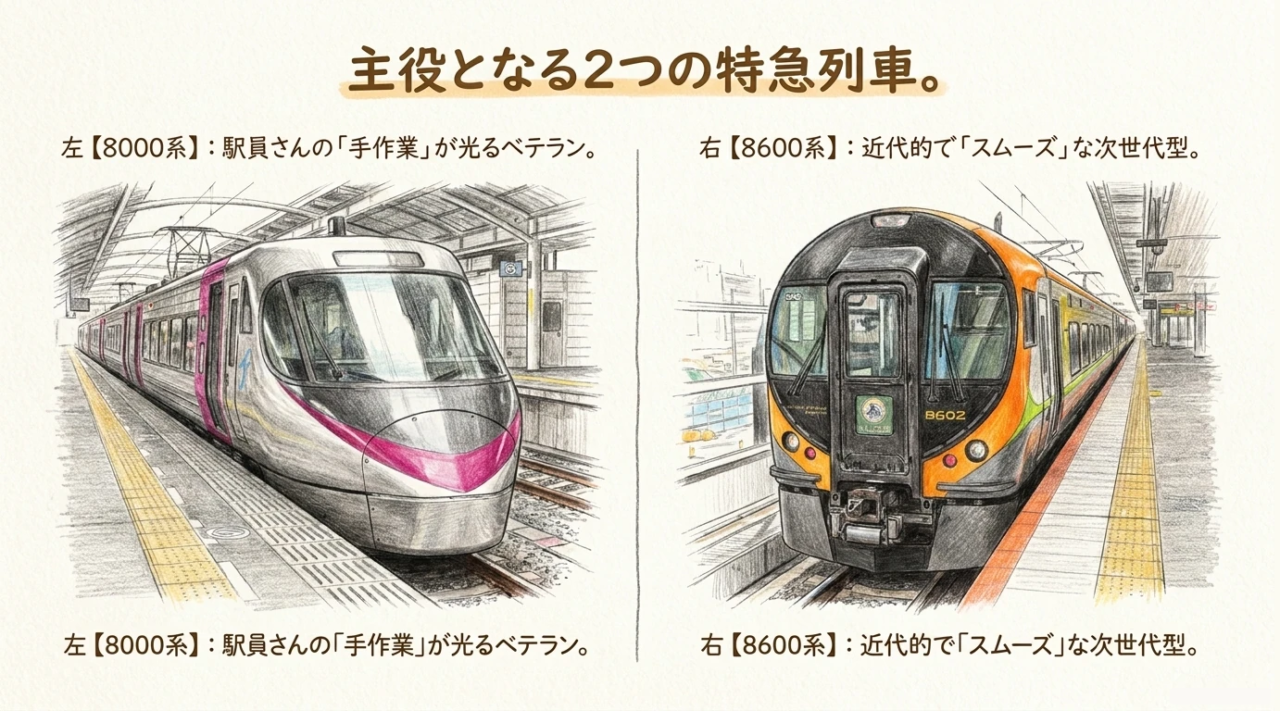 JR四国8000系と8600系の比較 JR四国8000系と8600系の外観と連結作業の特徴を比較した図