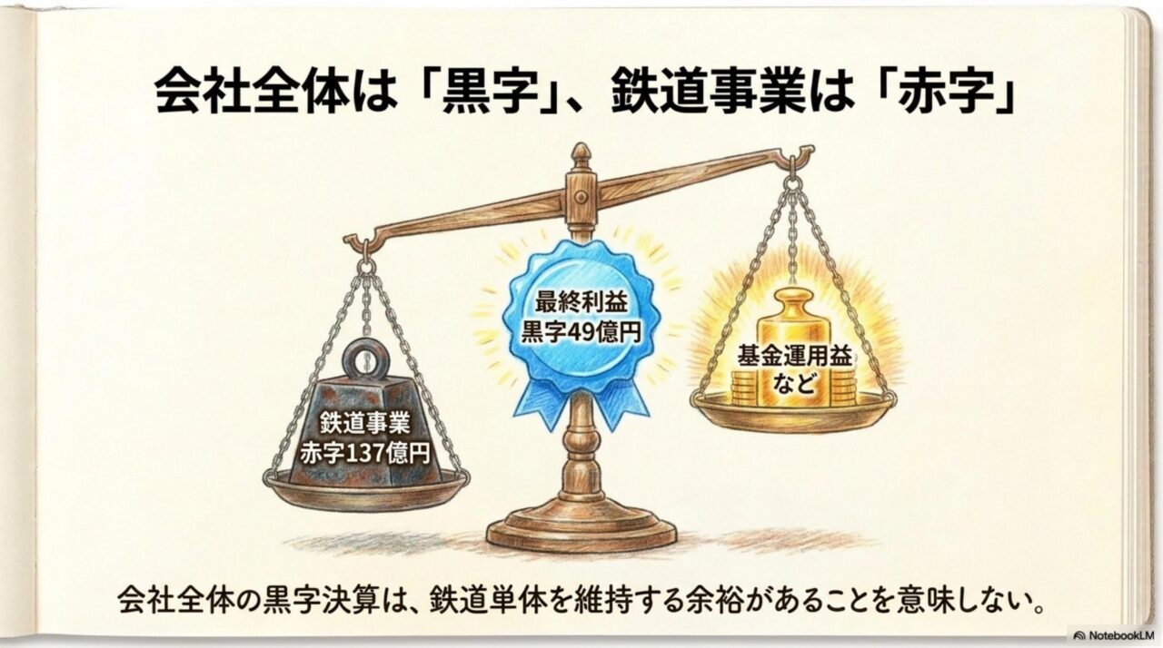 JR四国の黒字決算と鉄道事業の赤字 会社全体の最終利益49億円と鉄道事業赤字137億円の関係を示す図