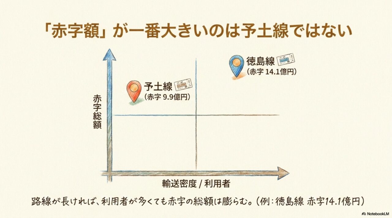 JR四国の路線別赤字額比較 予土線と徳島線の輸送密度と赤字額の違いを比較した図